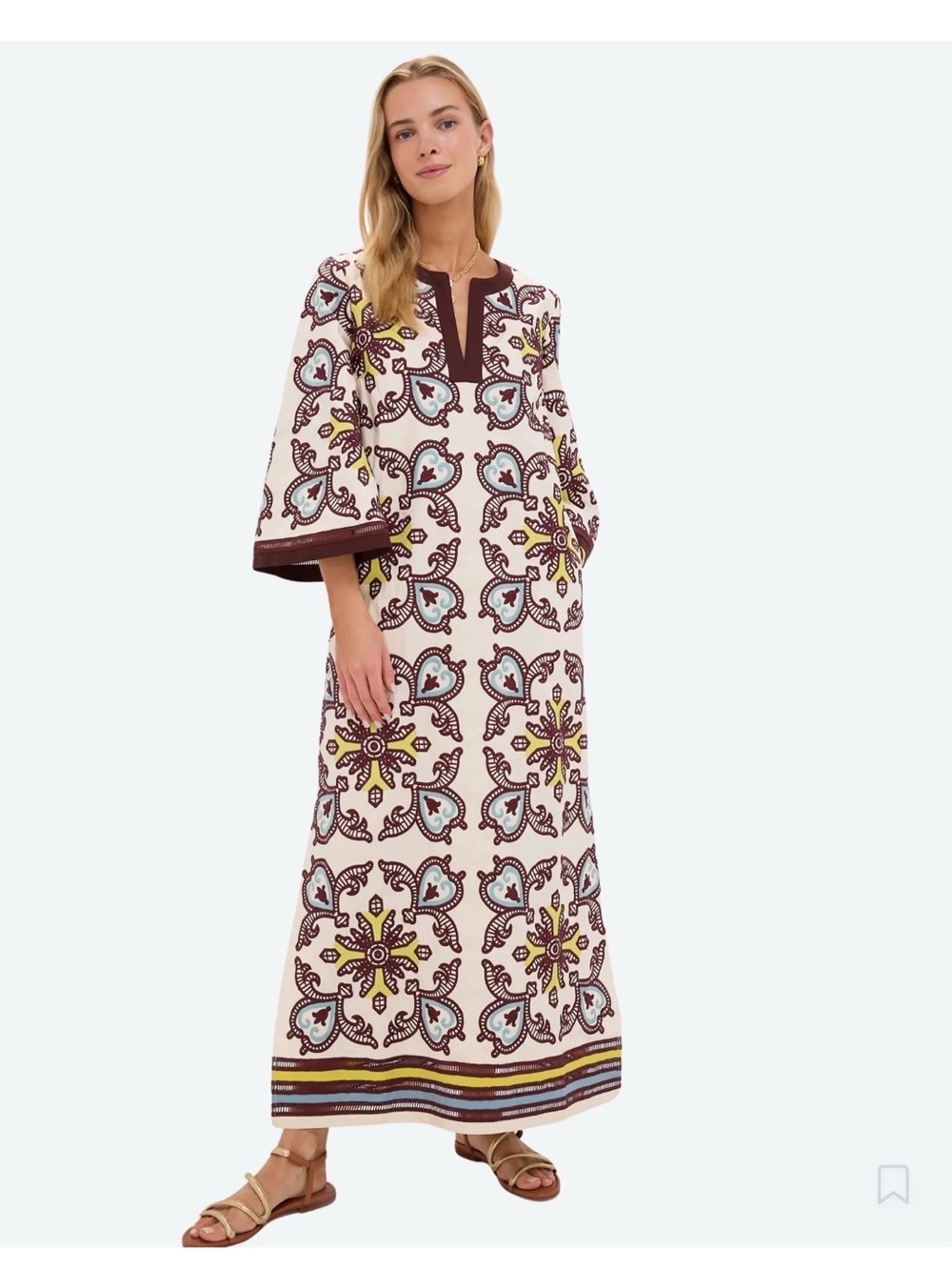 Tuckernuck Lorena Maxi Kaftan w/ Brown, light blue and citron embroidery- Large